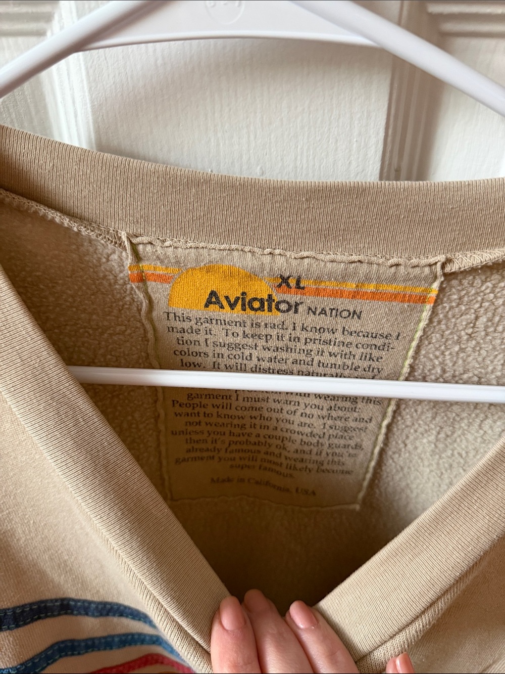 Aviator Nation Women’s Tan Crewneck with Retro Rainbow Stripes - Picture 2 of 3